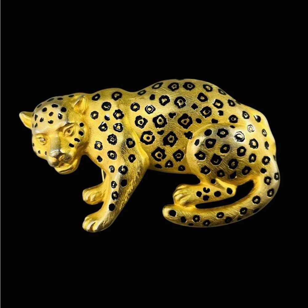 Vintage DOREEN RYAN Leopard Belt Buckle Gold Tone Rhinestone Eye Animal READ